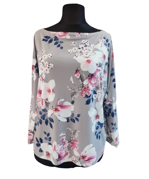 Popielata bluzka z rękawem 3/4 kimono - białe magnolie